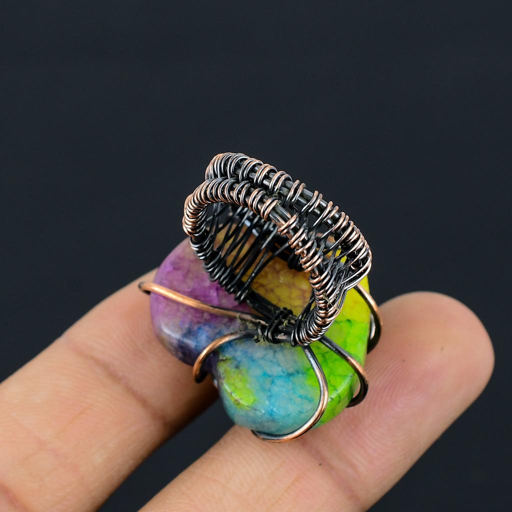 Natural Rainbow Solar Quartz Gemstone Handmade Copper Wire Wrap Ring S.7.5 F2n61