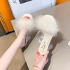 Fashion Slipper Ladies Summer New Open Toe Plush Fox Fur Chunky Flip Flops Sexy Family Party Square Toe Simple Heels Crystal