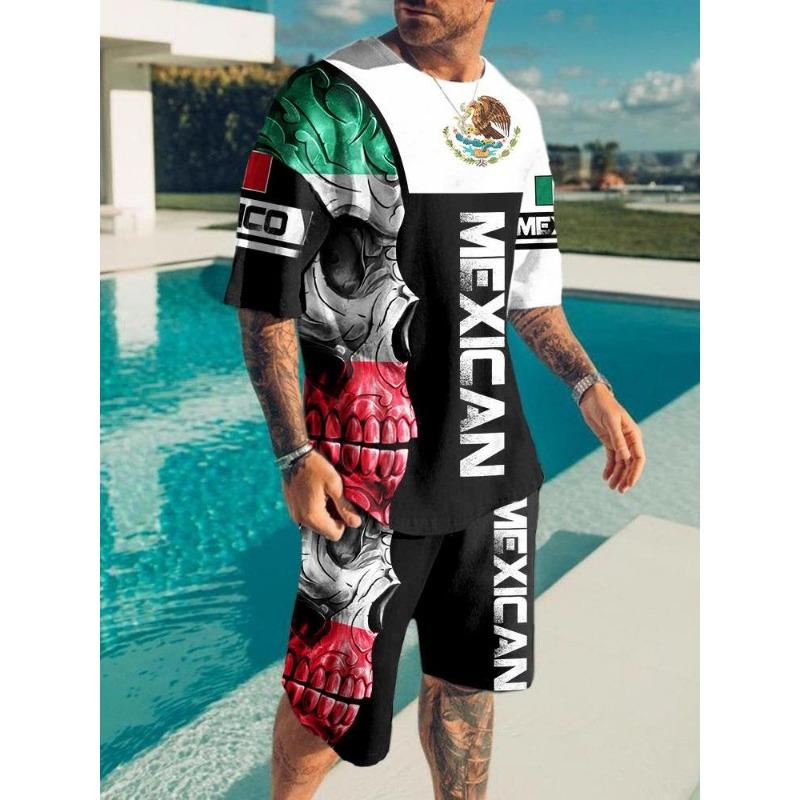 Модный Повседневный Отпуск Летний Мужской Костюм Принт Черепа 3D Спортивная одежда Костюм с коротким рукавом Футболка оверсайз с круглым вырезом Шорты 2 предмета