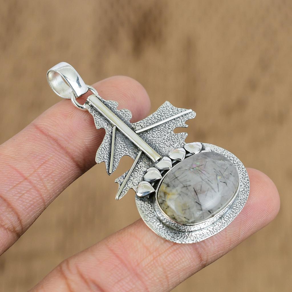 Скидка ко Дню Матери Овальный Черный Рутилный Камень Подвеска на Годовщину День Рождения Серебро 925