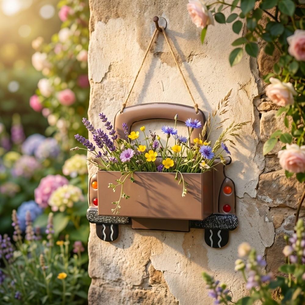 Retro Cartoon Truck Shaped Flower Pot Iron Car Wall Planter Hanging Truck Planter for Balcony