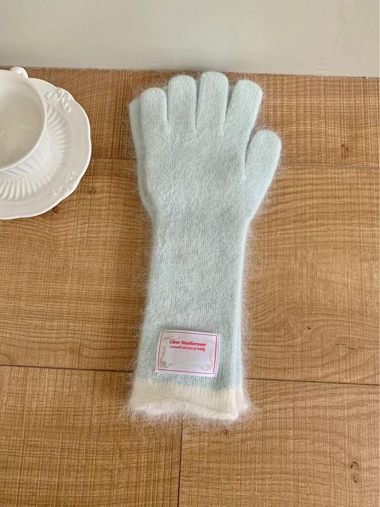Women's Korean Style Colorblock Wool Long Gloves - Warm, Windproof, Five-Finger Design for Winter Cycling