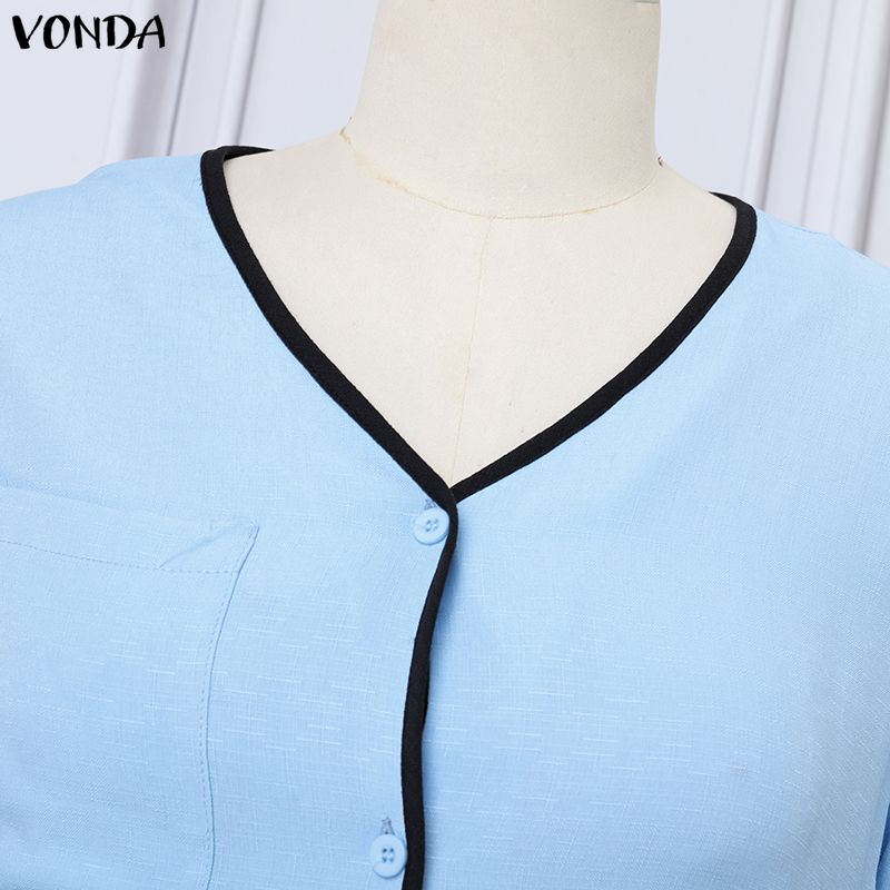 VONDA 2 шт. Женский повседневный костюм-двойка: блузка с длинным рукавом и брюки, сшивной