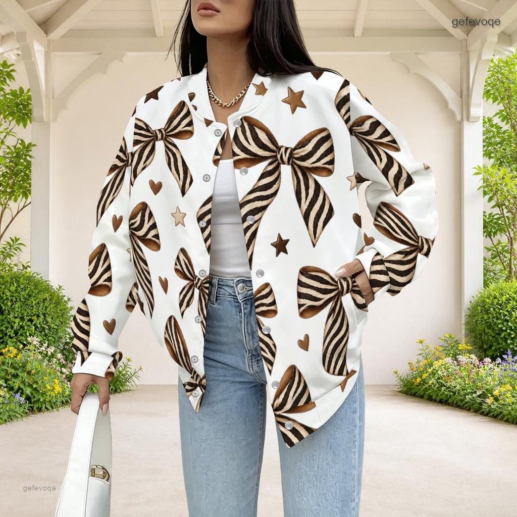 Women Plus Size Bow Print Baseball Collar Long Sleeve Jacket With Pockets