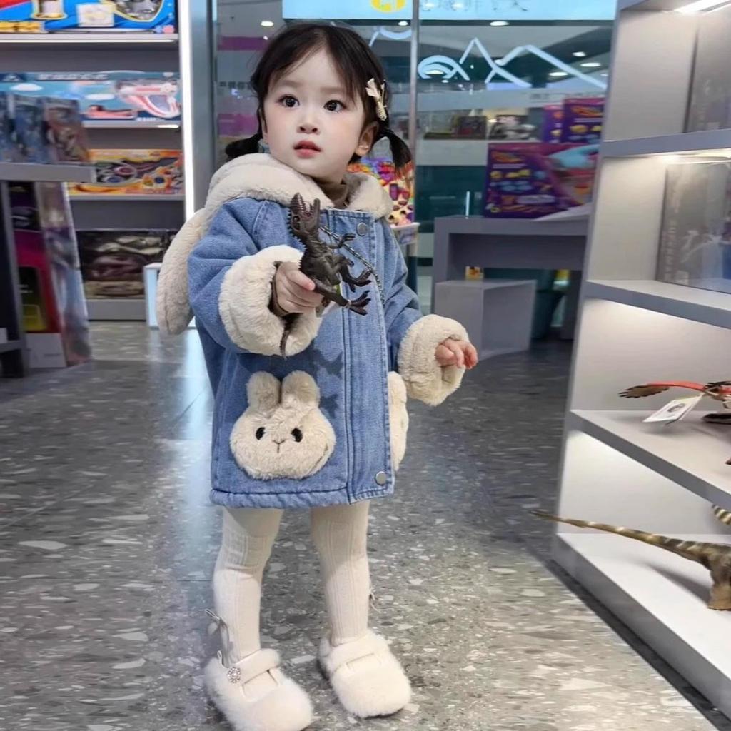 Плюшевая джинсовая куртка для девочек с кроличьими ушками - модное пальто в корейском стиле на осень/зиму
