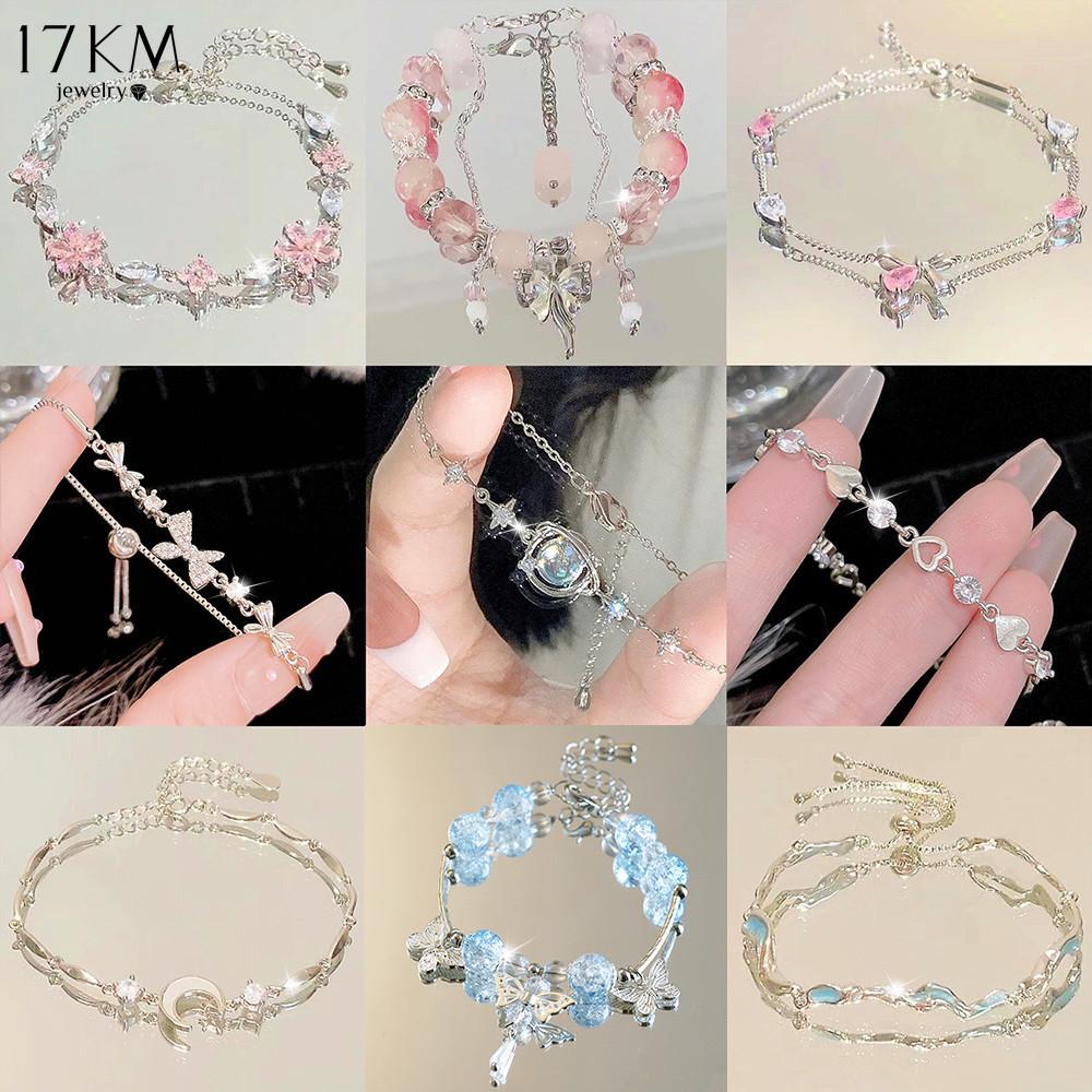 17KM Korean Silver Heart Bow Bracelets for Women Crystal Butterfly Star Moon Beads Bracelet Accessories Jewelry