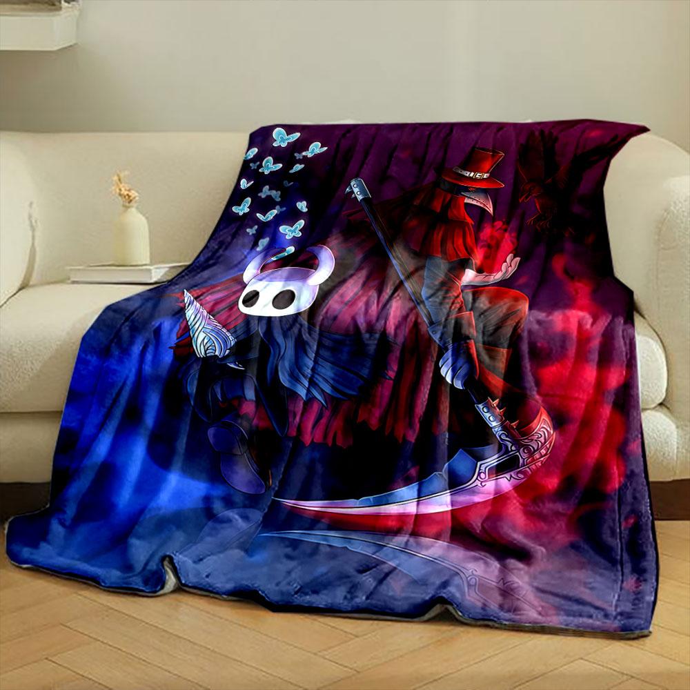 Two characters in red and blue lighting, with butterflies and a raven. for all seasons blanket lunch break throw gift