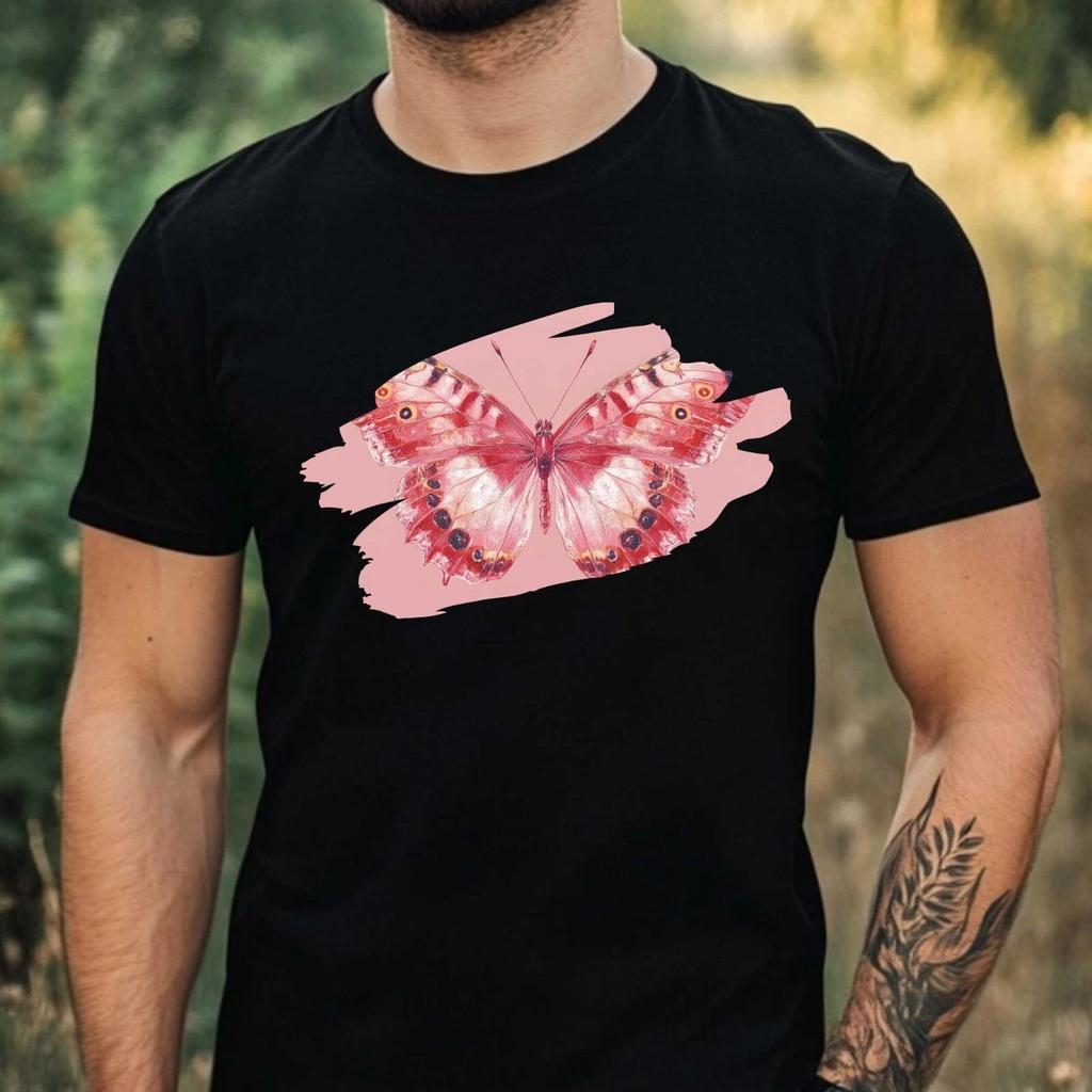 T-Shirt Herren Rosa Schmetterling Motiv Baumwolle Größe XS bis 5XL