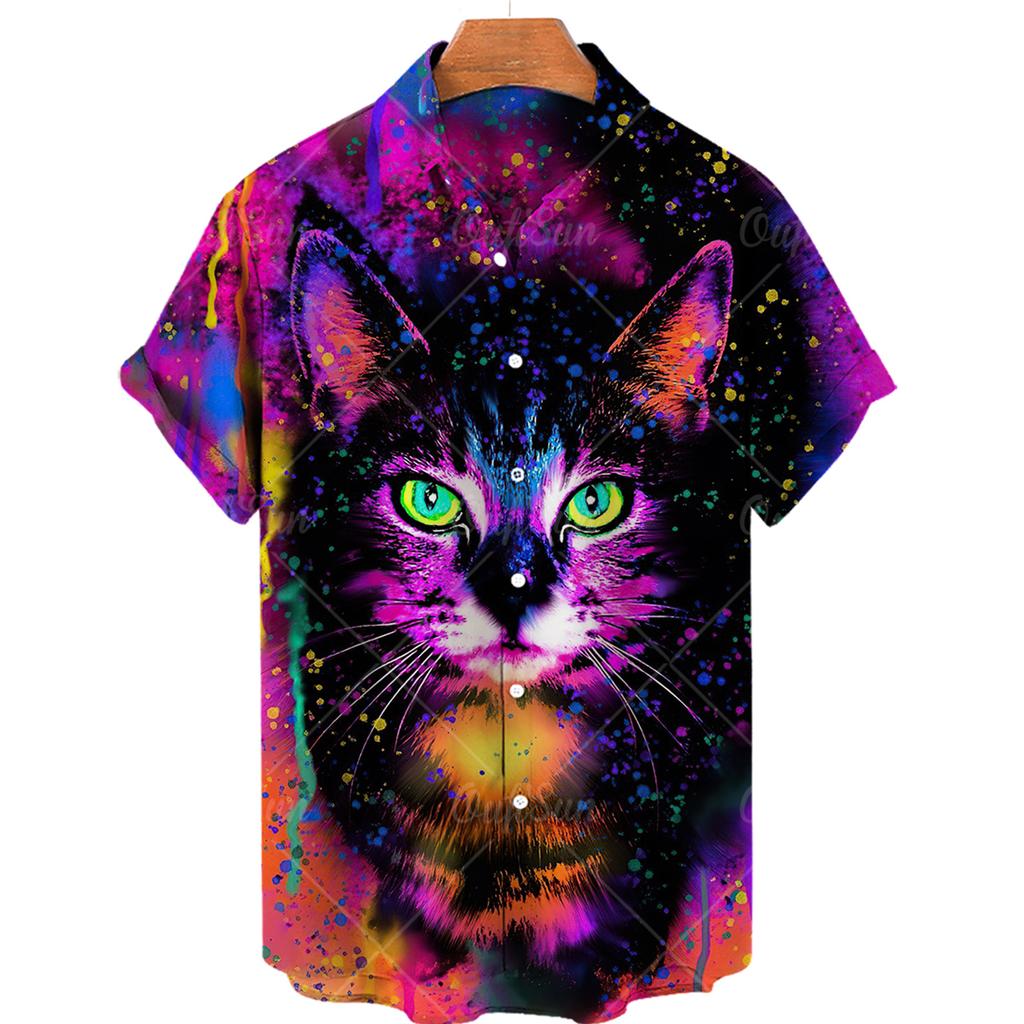 С милым принтом кота мужская рубашка забавные аниме коты мужская рубашка с воротником на пуговицах лацкан модная гавайская рубашка с коротким рукавом повседневная