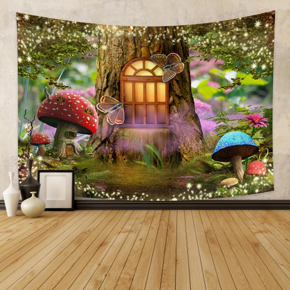 Fairy Tale Forest Tapestry Wall Hanging Fantasy Magic Mushroom Aesthetic For Kids Girls Bedroom Living Room Dorm Party Decor