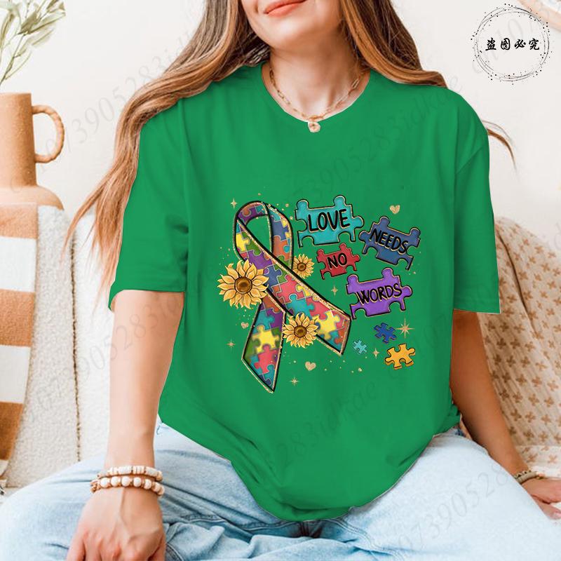 Autism Awareness Women Top Love Needs No Words Puzzle Graphic Tshirts O Neck Short Sleeve Summer Oversized FeUnisex Clothes
