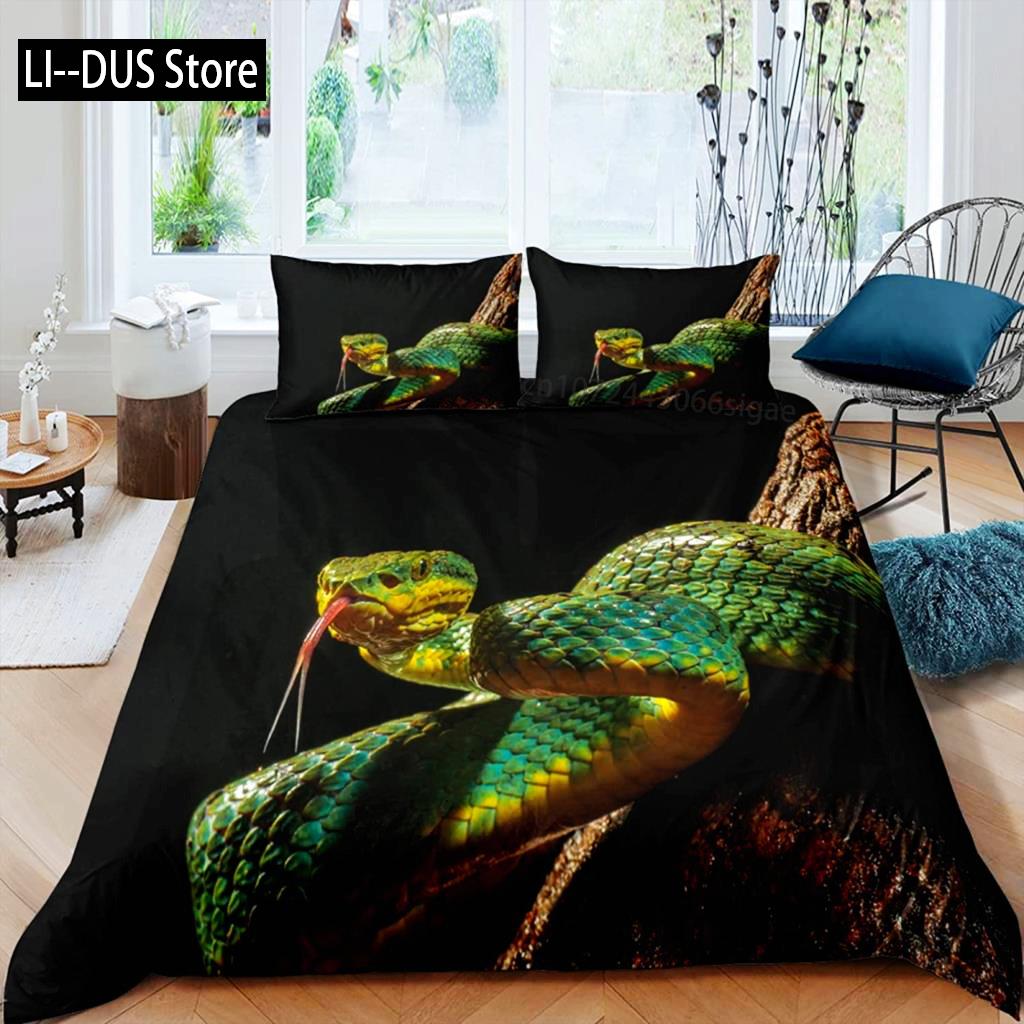 Комплект постельного белья со змеиным рисунком, комплект постельного белья с зеленым рисунком из микрофибры, постельное белье с изображением животных для мальчиков и мужчин, двуспальное одеяло размера «king-size»