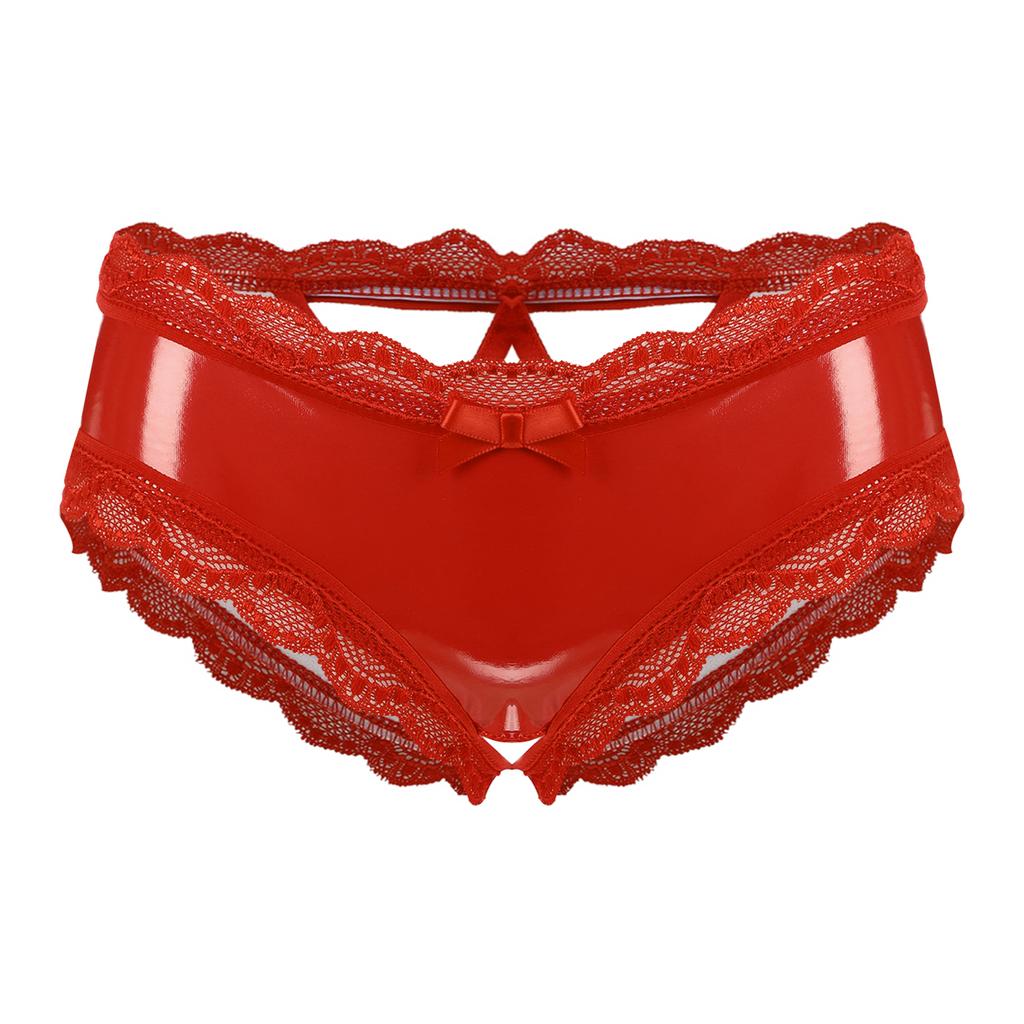 Сексуальные трусики для женщин Femme Lingerie Wetlook Lacated Leather Lace Open Crotch Hole V-Back Mini Briefs Ladies Underwear