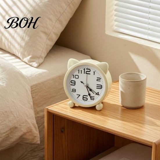 Silent Movement Desk Clock Cat Ear Alarm for Kids, Non-Ticking Metal Analog Small Clock, Battery Powered Home Office Decor Easy to Read