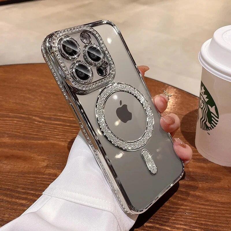 Новый модный блестящий чехол со стразами для iPhone 15 11 12 13 14 Pro Max Plus Magsafe, магнитный, с беспроводной зарядкой, прозрачный блестящий чехол