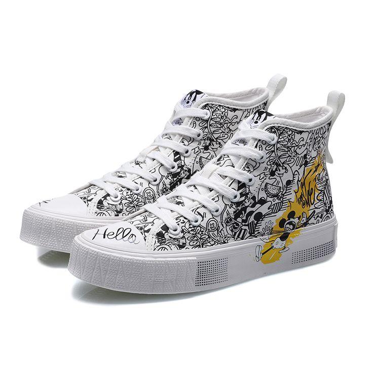 Disney X Li Ning Comfortable Versatile Durable Breathable High-Top Canvas Shoes Women Sneakers Black White AGCP338-5