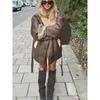 Fashion Sheepskin Neck Spliced Faux Leather Coat with Belt Women Loose Pocket Outerwears Winter Warm Thicken Street Jackets
