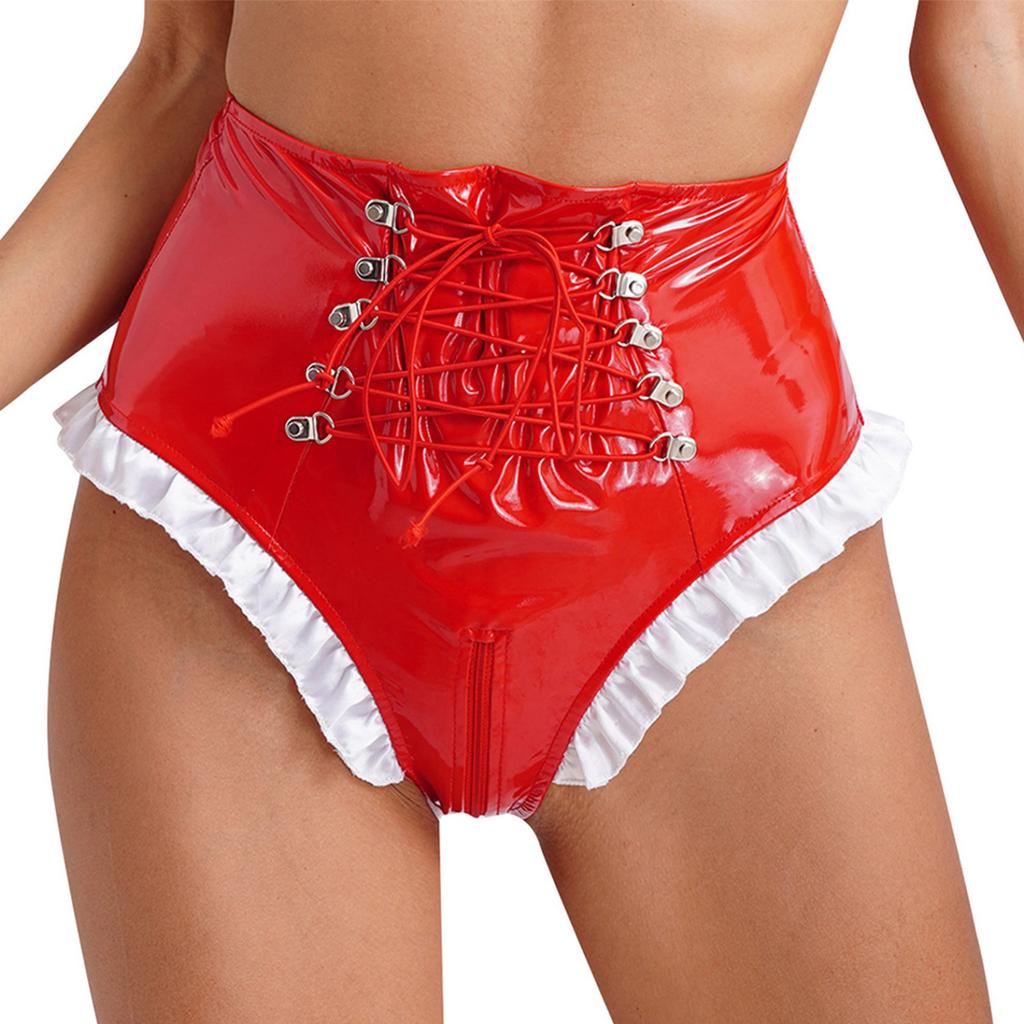 Женский косплей костюм горничной с оборками, трусики с высокой талией, нижнее белье на молнии и промежности на шнуровке, сексуальные трусы, нижнее белье для ночного клуба, танцевальное шоу