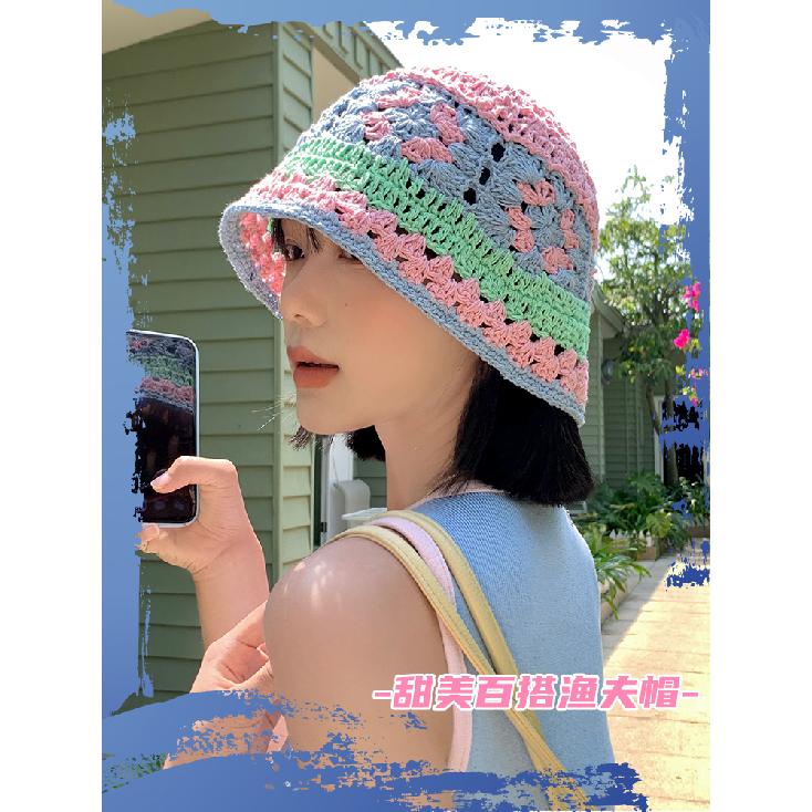 Japanese-style knitted hollow floral bucket hat for women, sweet and versatile for spring and summer, handmade large head circumference fisherman hat