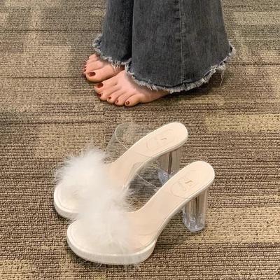 Прозрачные хрустальные туфли на высоком каблуке модный темперамент модные шлепанцы на платформе 2025 лето толстый каблук открытый носок пушистые туфли сандалии