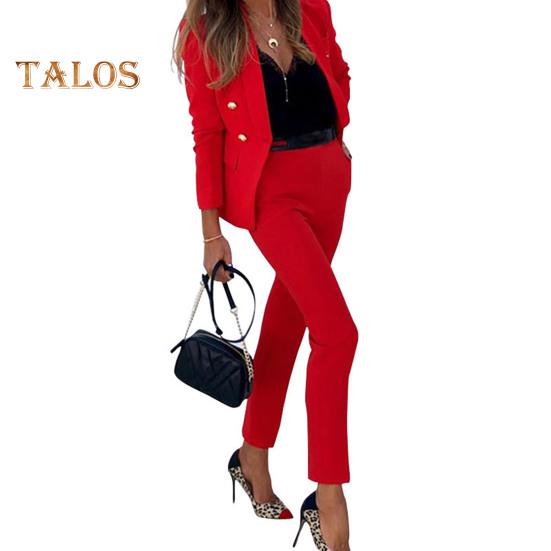 2 шт./комплект женский деловой пиджак брюки комплект с длинными рукавами декорированный пуговицами лацкан кардиган средней длины пиджак прямые брюки с высокой талией формальный деловой