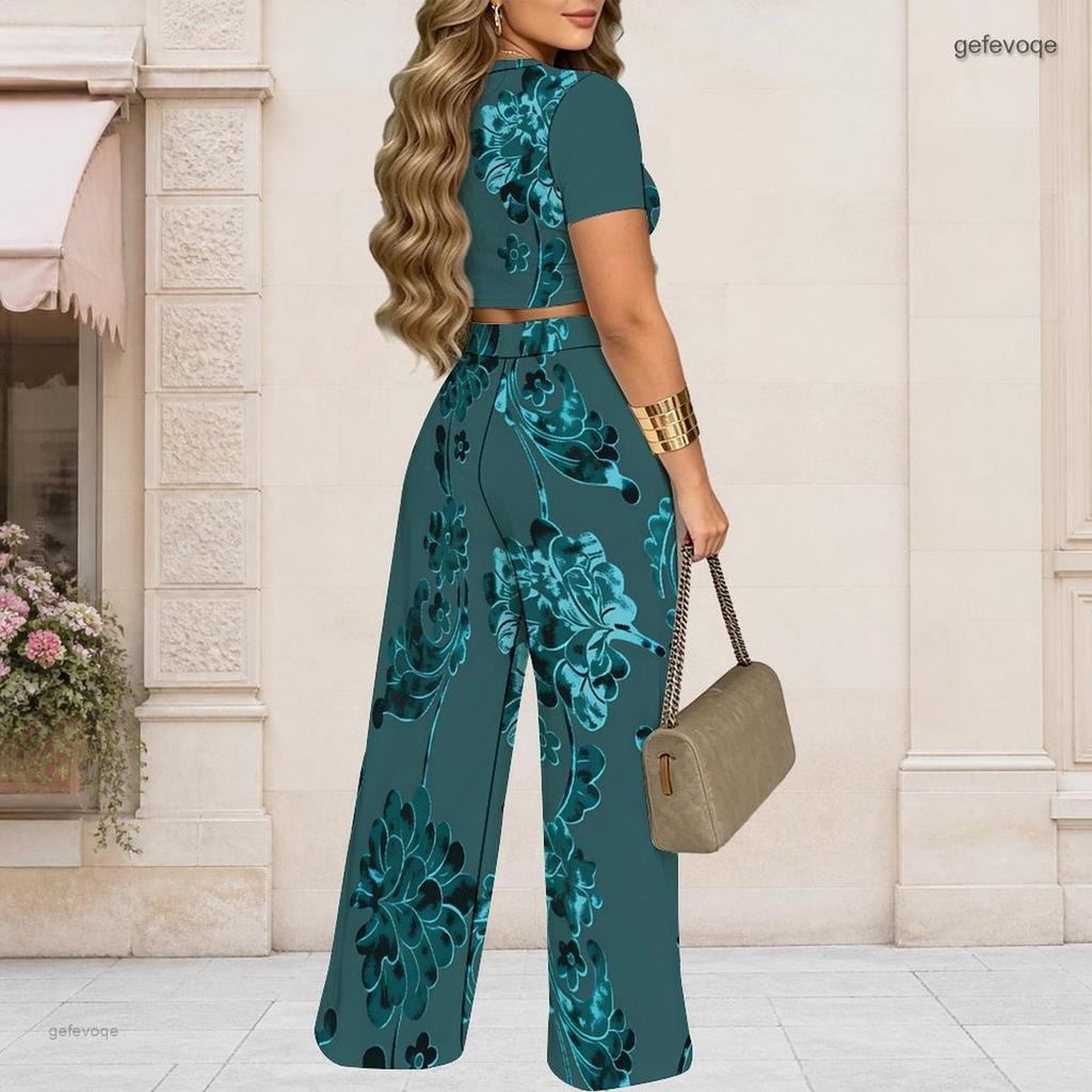 Dames Grote Maten Geometrisch Bedrukte Ronde Hals Korte Mouwen Cropped Top Wijde Pijpen Broek Tweedeelig Pak