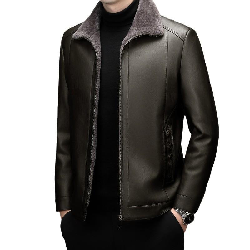 Winter Genuine Leather Men's Jacket with Velvet and Thickening Middle-aged Men's Dad's Fur Integrated Leather Jacket
