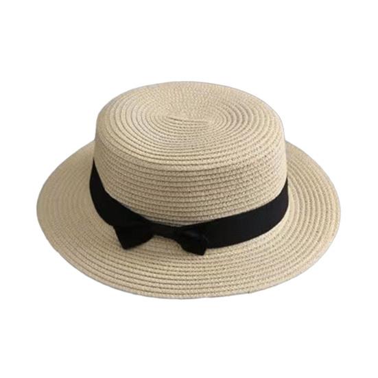 Beach Straw Hat Flat Top Wide Brim Sun Protection Hat with Black Ribbon Bow Hand-Woven Breathable