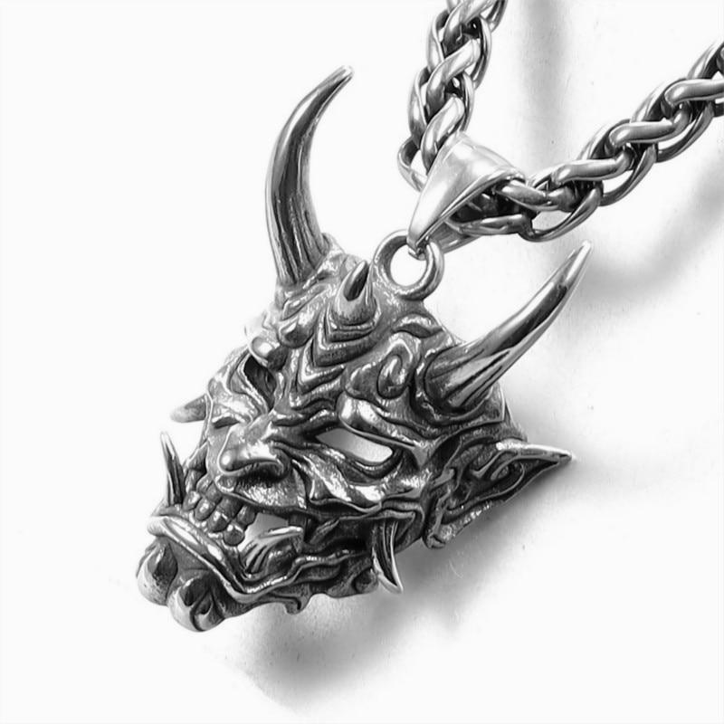 Mens Stainless Steel Necklace Fangs Demon Mask Pendant Retro Gothic Punk Style Skull Jewelry Gift