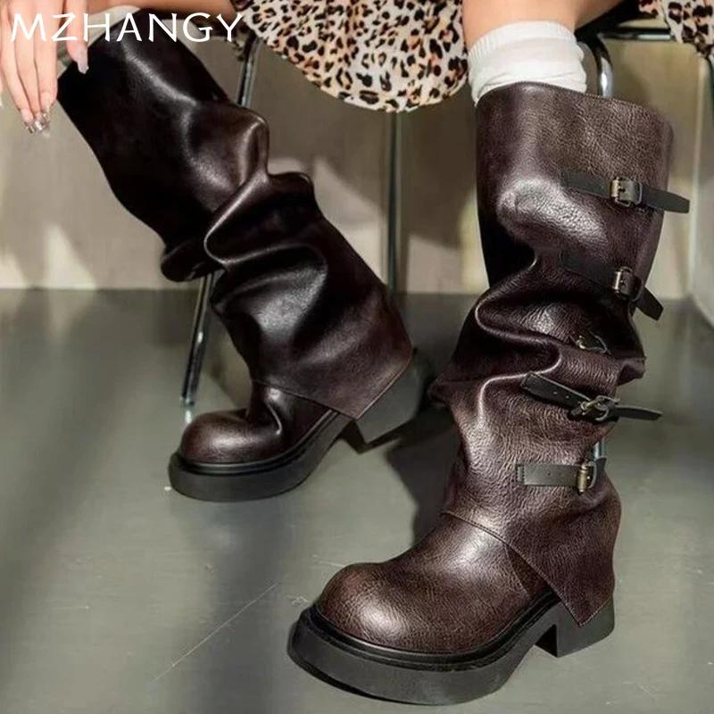 Модные женские сапоги на среднем каблуке, дизайнерские кожаные массивные туфли, женские, тренд 2024 года, новые ботинки челси, туфли-лодочки, зимние готические женские снежные ботинки