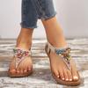 Retro Bohemian Flat Heels Sandals for Women Summer Rhinestone Beads Clip Toe Sandals Woman Lightweight Beach Flip Flops