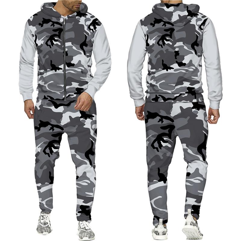 Весенне-осенний камуфляжный принт, мужские толстовки на молнии, брюки, костюм, уличная куртка с капюшоном в стиле милитари, спортивная одежда, спортивный костюм, комплект из двух предметов