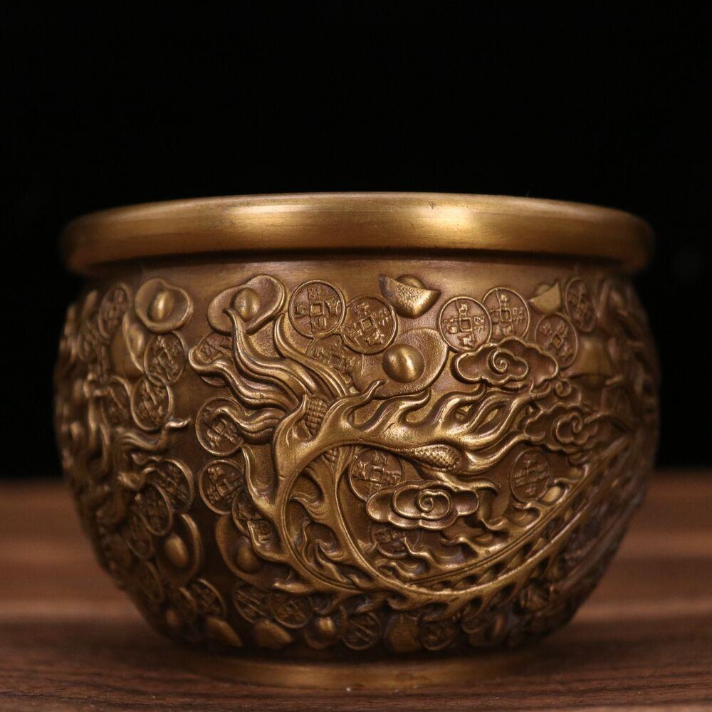 3,7" Коллекция Китай Бронза Животное Дракон Феникс Юаньбао Денежная Чаша Сокровищ Статуэтка