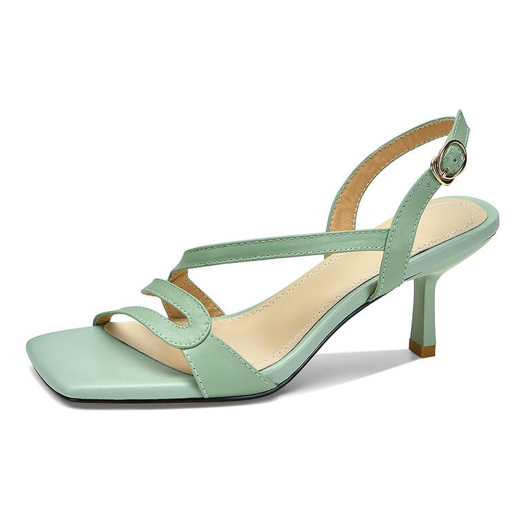 Fashion New Summer Sandals Genuine Leather Sandals Casual French Square Toe High Heels Sandals for Women Cowhide Sandal Zapatos De Mujer