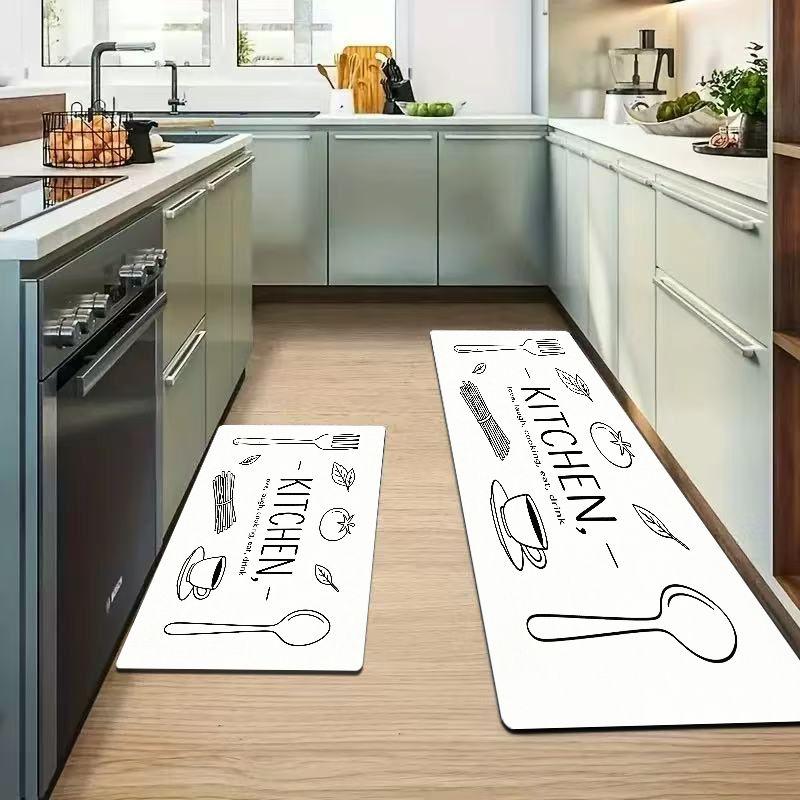 Simple Black Background Kitchen Sketch Floor Mat Set Durable Thin Waterproof Long Carpet Kitchen Home Decor