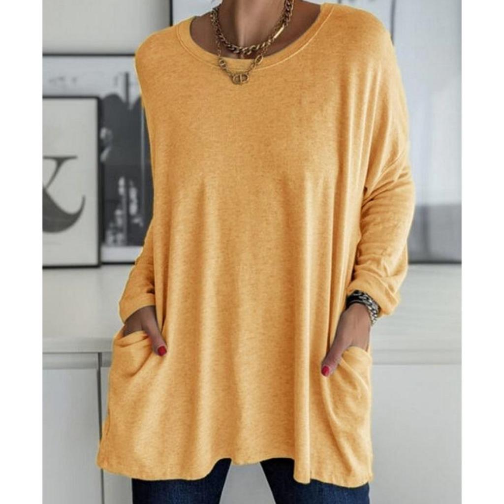 Женская повседневная весенне-летняя туника с карманами, топ с круглым вырезом, рубашка с длинными рукавами, модная свободная однотонная футболка большого размера