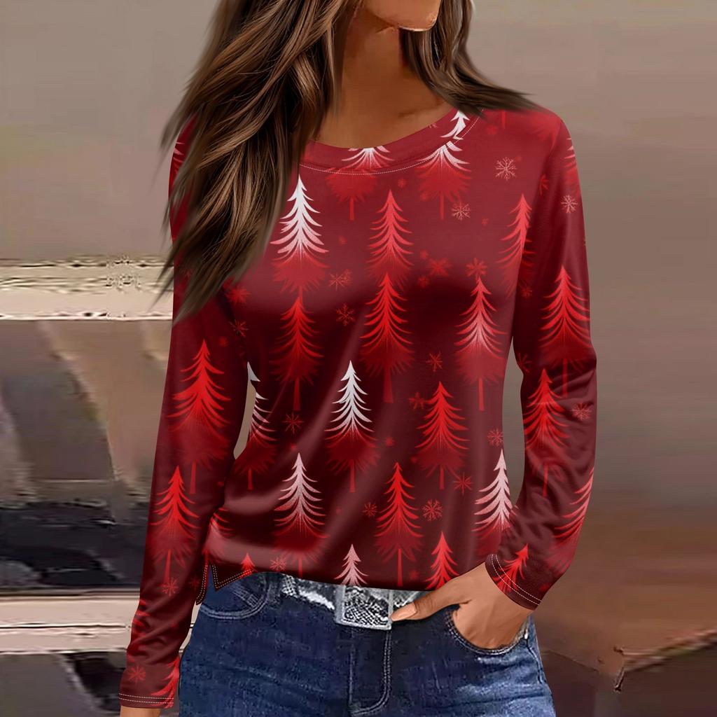 Женская модная повседневная футболка с разрезом и круглым вырезом, длинным рукавом, свободная, с принтом, женская футболка на Рождество