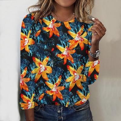 Топы для весны и осени с принтом цветущих кустарников, круглым вырезом и длинными рукавами, футболка, повседневный тонкий женский свитер с длинными рукавами