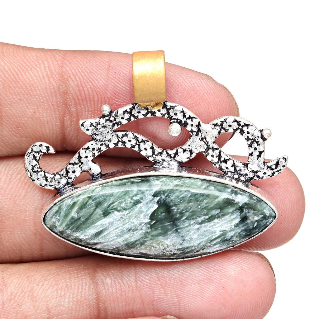 Seraphinite Gemstone Mother's Day Handmade Silver Jewelry Pendant  1.5"