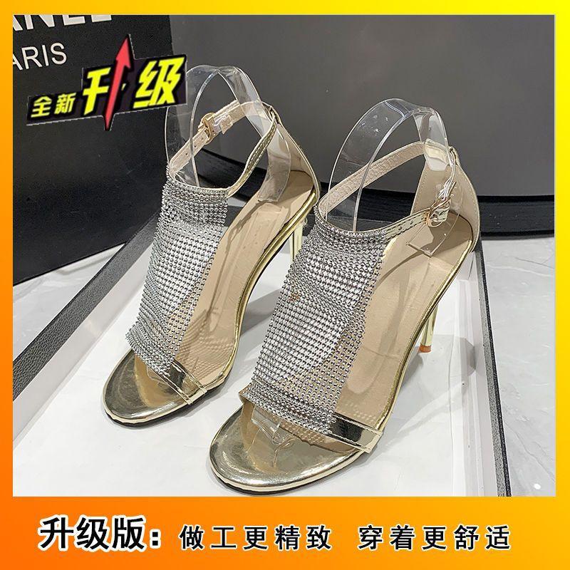 Golden Banquet Shoes Open-toed Sexy High Heels 2025 Summer Rhinestone Fashion Fashion Sandals Women's One-button Stiletto