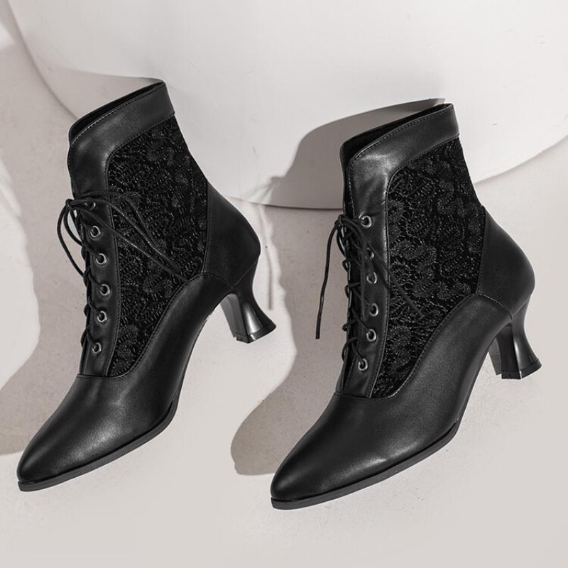Fashion Women Victorian Ankle Boots Leather Lace Heel Shoes for Women Fashion Lace Up Spliced Ladies High Heels Woman Boots Ankle 46
