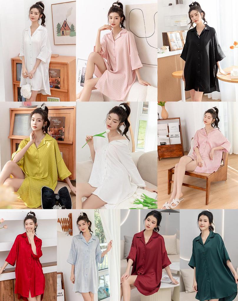 Ice Silk Jacquard Shirt Dress Nightdress: 2024 Spring/Autumn Collection