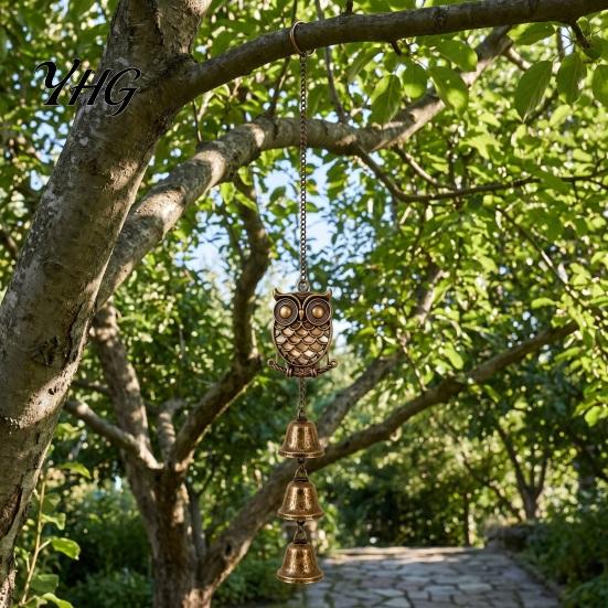 Forest Theme Metal Crafts Vintage Owl Wind Chime with 3 Bells, Hollow Hanging Ornament, Delicate Grid Carving Art Retro Pendant for Garden Patio