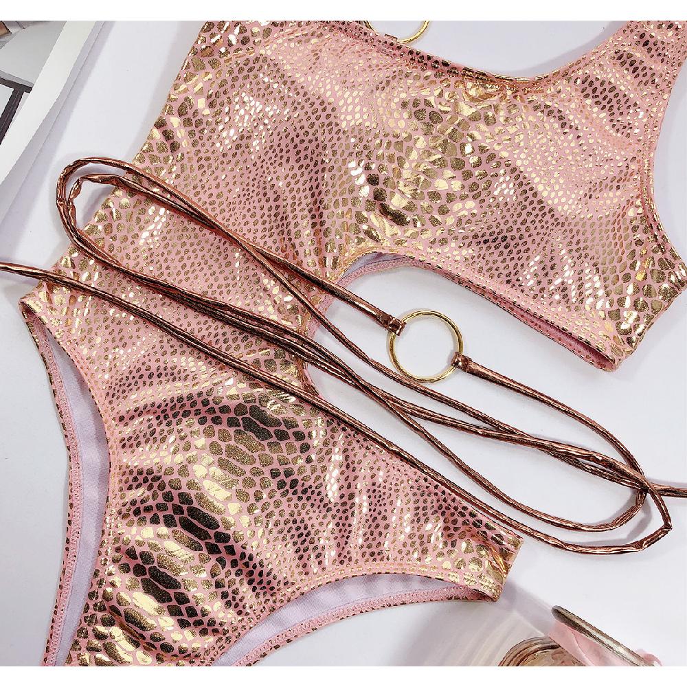 Золотой комплект бикини, купальник, женский купальный костюм со змеиным принтом, сексуальные купальники с кольцами, бикини с высоким вырезом, пляжная одежда со змеиным принтом
