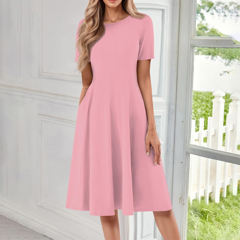Женское повседневное и модное платье с круглым вырезом и коротким рукавом, однотонное, средней длины