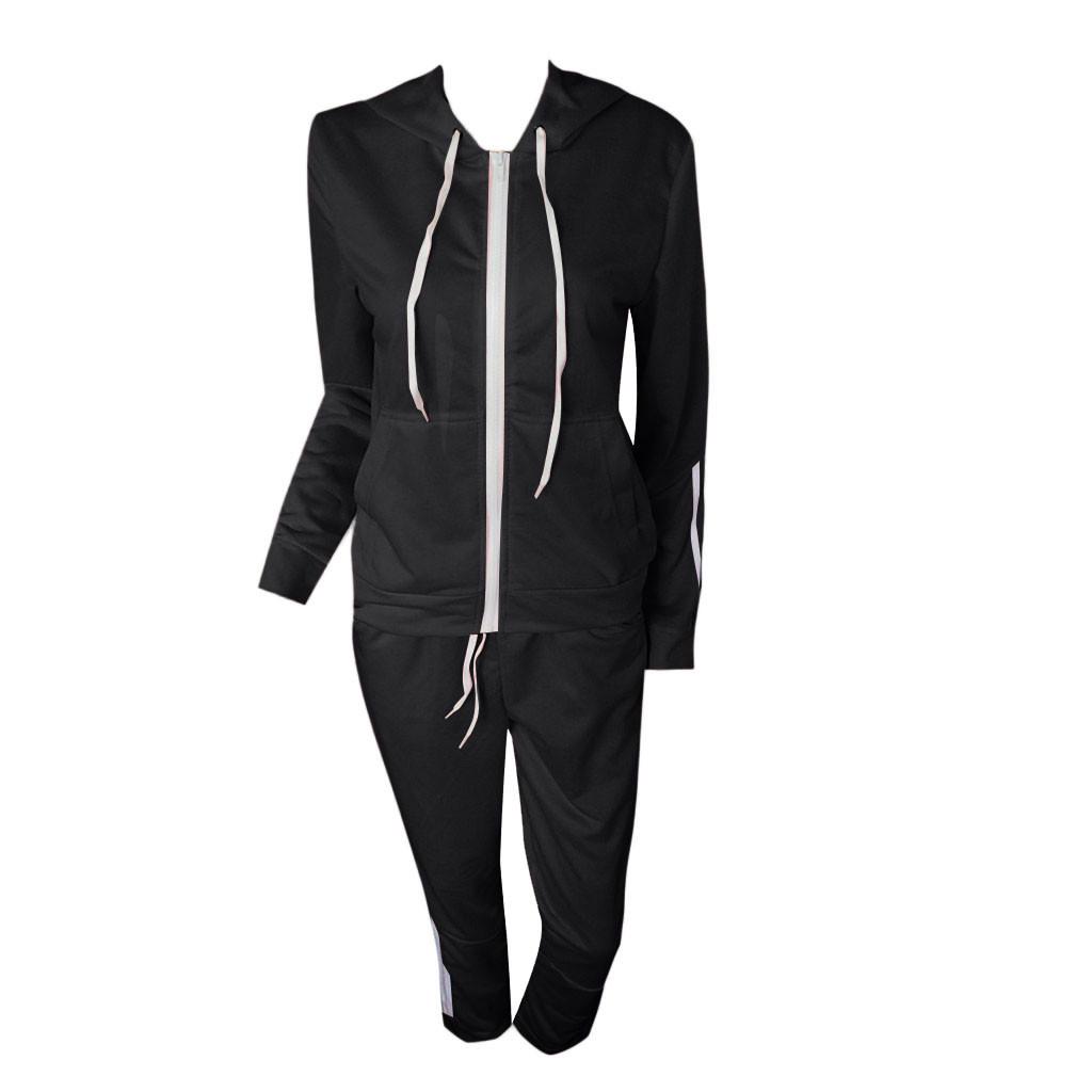 Fashion Women Casual Stripe Zipper Long Sleeve Pullove Sport Tops+Long Pants Set