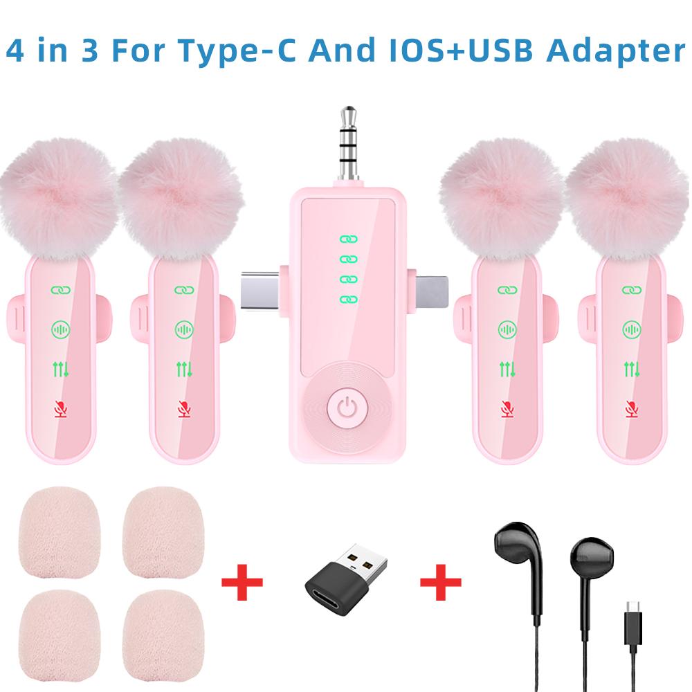 Pink 1 in 4 Lavalier Microphone Noise Cancelling Wireless With Wind Muff Lapel Mic For iPhone Android Camera 4 Pack LED Display 6