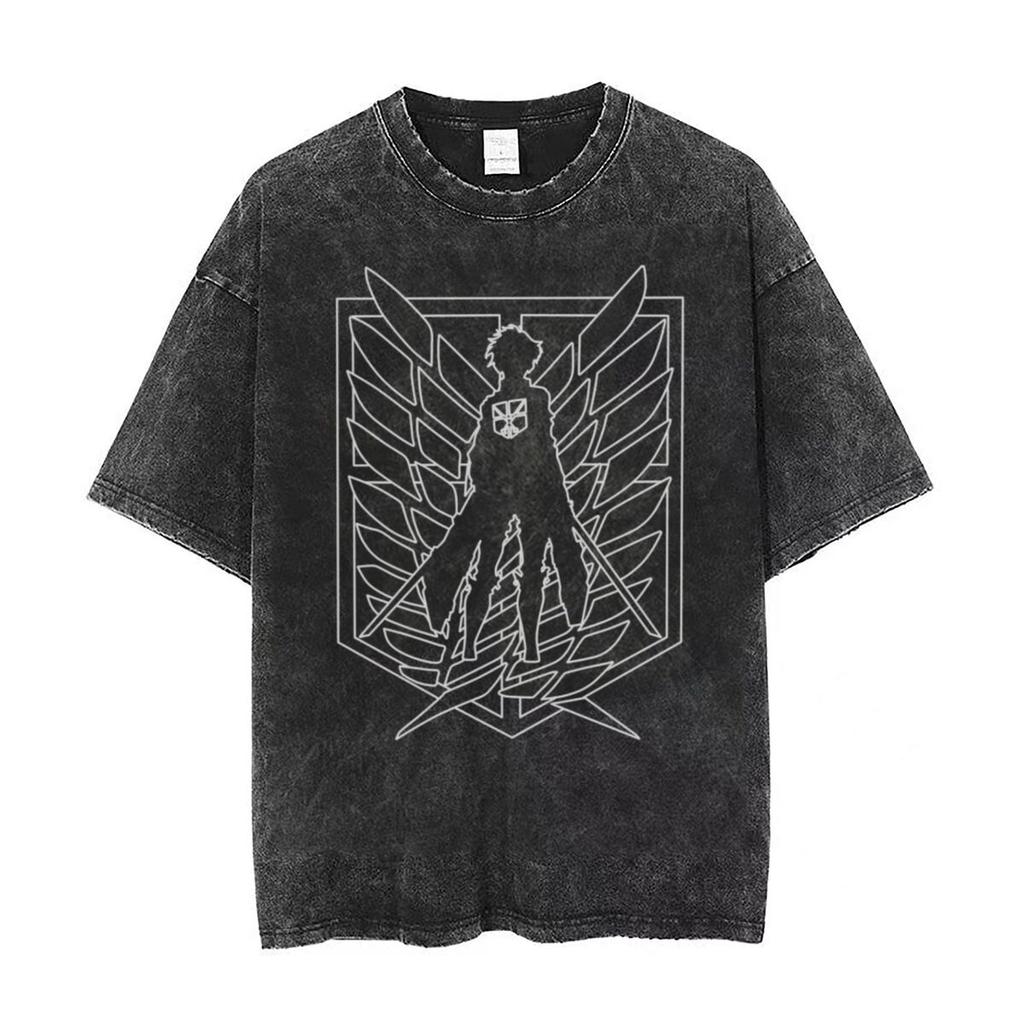 Anime Attack On Titan Eren Jaeger Print T Shirt Men Women T-shirts Washed Polyester Tee Y2k Harajuku Gothic Short Sleeve Tshirt Men