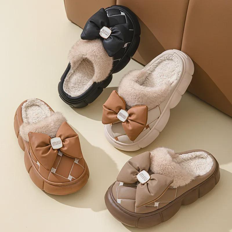 Женские зимние хлопковые тапочки с бантом на высоком каблуке - толстая подошва, плюс бархат, теплая повседневная одежда