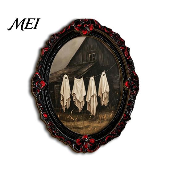 Small Halloween Gifts for Adults Wooden Refrigerator Magnet, Vintage Gothic Fridge Magnets, Oval Frame Decorative Distressed Black Red Magnets